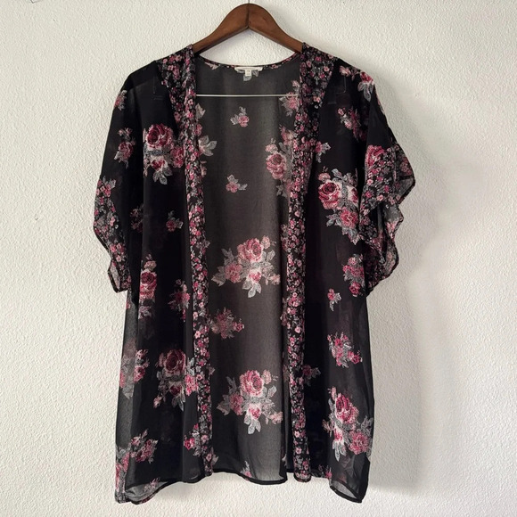 Maurices Black Floral Kimono S/M Boho Sheer Flowy Summer Chic Feminine Layering - Picture 11 of 11